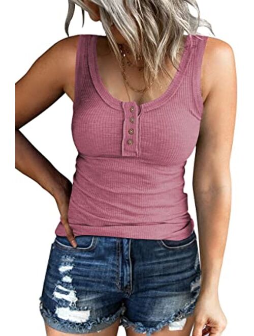 Kissfix Women Tank Tops Summer Casual Ribbed Sleeveless Basic Cami Top Slim Henley Button Down Blouses