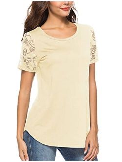 Koitmy Women's Lace Short Sleeve Round Neck T-Shirt Casual Blouse Tunics Tops