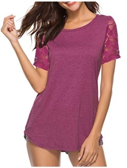 Koitmy Women's Lace Short Sleeve Round Neck T-Shirt Casual Blouse Tunics Tops