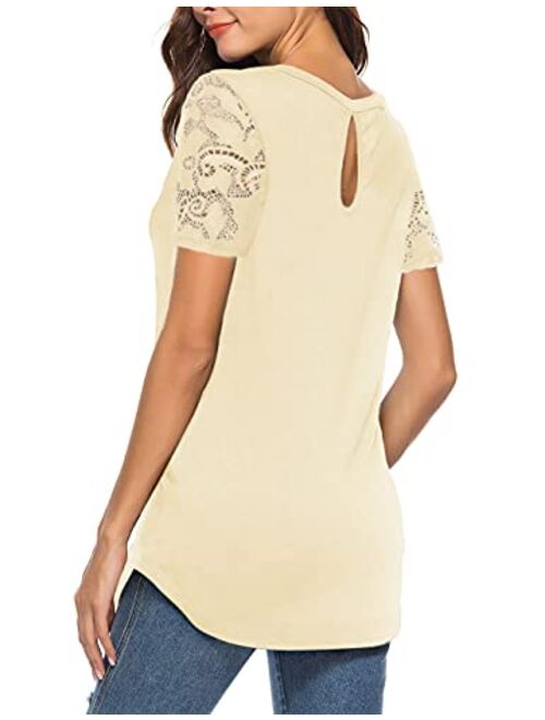 Koitmy Women's Lace Short Sleeve Round Neck T-Shirt Casual Blouse Tunics Tops