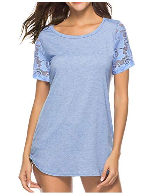 Koitmy Women's Lace Short Sleeve Round Neck T-Shirt Casual Blouse Tunics Tops