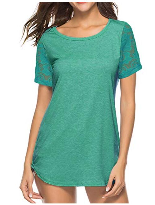 Koitmy Women's Lace Short Sleeve Round Neck T-Shirt Casual Blouse Tunics Tops