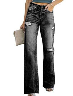 Women High Rise Ripped Flare Jeans Distressed Denim Pants Jeans