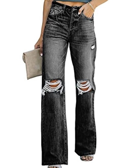 Women High Rise Ripped Flare Jeans Distressed Denim Pants Jeans