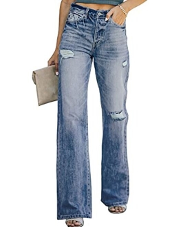 Women High Rise Ripped Flare Jeans Distressed Denim Pants Jeans