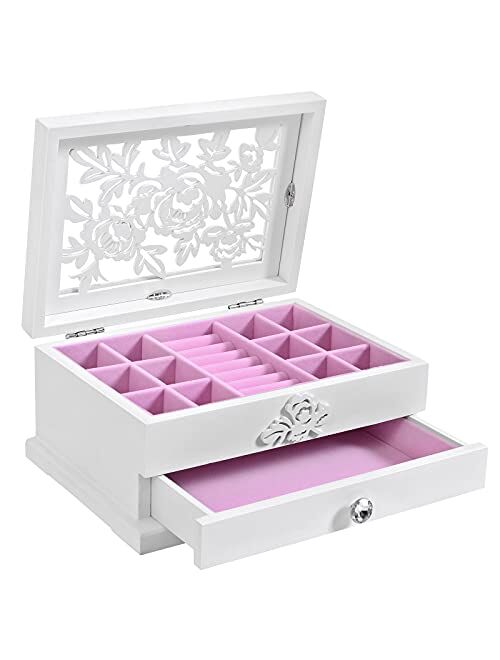 SONGMICS Girls Jewelry Box Wooden Flower Carving Organizer Storage Case 2 Tier with Drawer DIY, White and Pink UJOW201