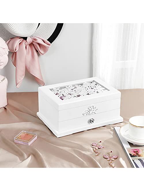 SONGMICS Girls Jewelry Box Wooden Flower Carving Organizer Storage Case 2 Tier with Drawer DIY, White and Pink UJOW201