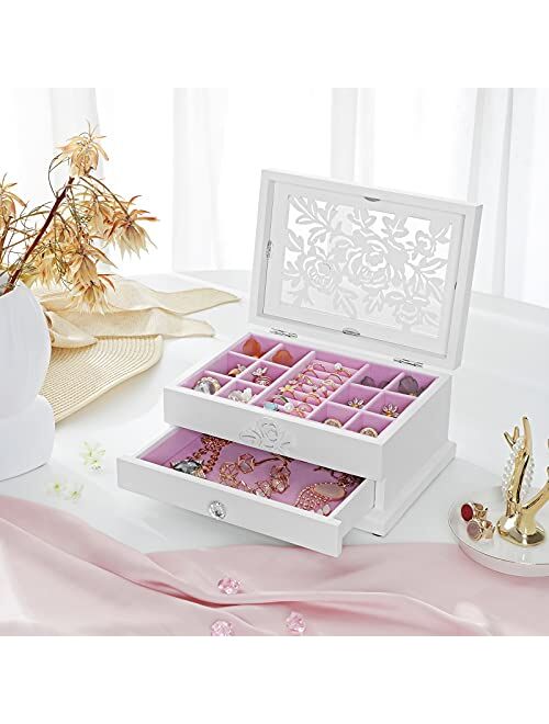 SONGMICS Girls Jewelry Box Wooden Flower Carving Organizer Storage Case 2 Tier with Drawer DIY, White and Pink UJOW201