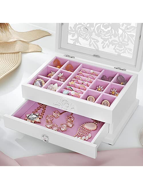 SONGMICS Girls Jewelry Box Wooden Flower Carving Organizer Storage Case 2 Tier with Drawer DIY, White and Pink UJOW201