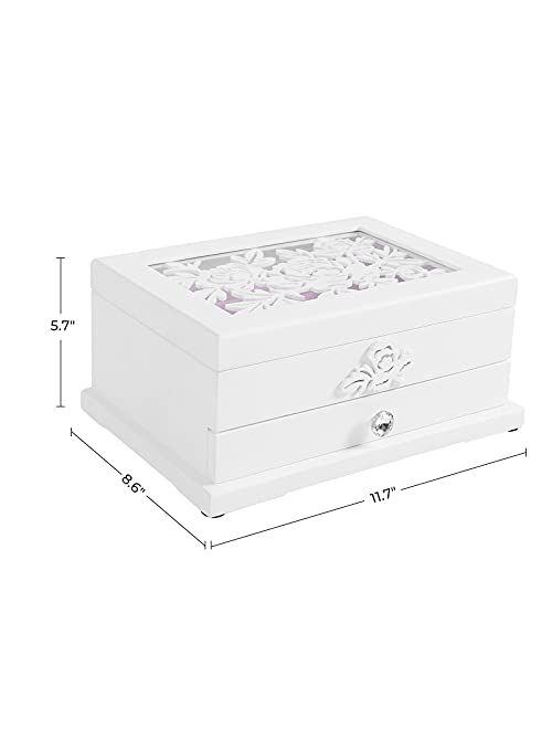 SONGMICS Girls Jewelry Box Wooden Flower Carving Organizer Storage Case 2 Tier with Drawer DIY, White and Pink UJOW201