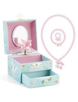 RR ROUND RICH DESIGN Kids Musical Jewelry Box for Girls with Drawer and Jewelry Set with Cute Princess Theme