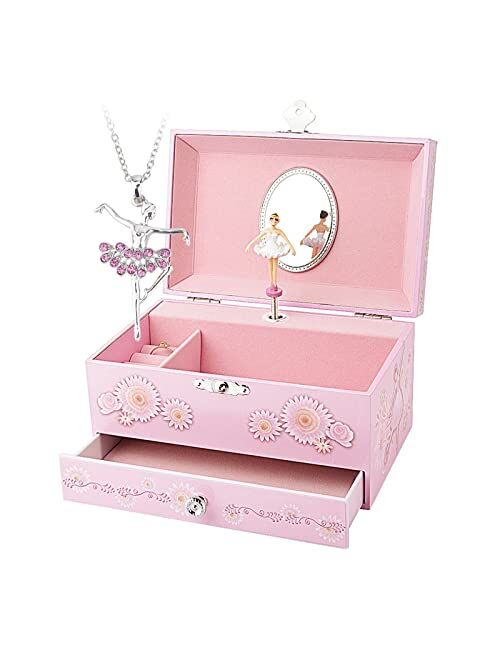 RR ROUND RICH DESIGN Kids Musical Jewelry Box with Big Drawer and zirconia stones Jewelry Set with Spinning Unicorn