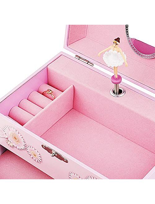 RR ROUND RICH DESIGN Kids Musical Jewelry Box with Big Drawer and zirconia stones Jewelry Set with Spinning Unicorn