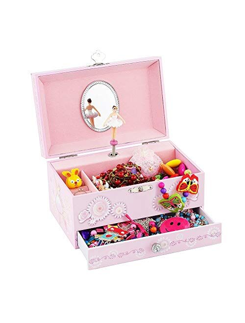 RR ROUND RICH DESIGN Kids Musical Jewelry Box with Big Drawer and zirconia stones Jewelry Set with Spinning Unicorn