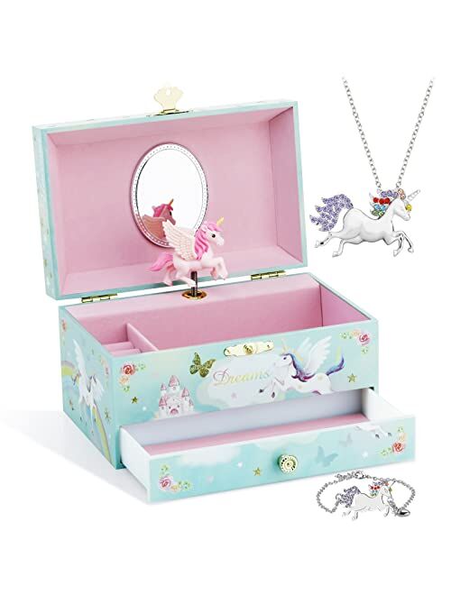 RR ROUND RICH DESIGN Kids Musical Jewelry Box with Big Drawer and zirconia stones Jewelry Set with Spinning Unicorn