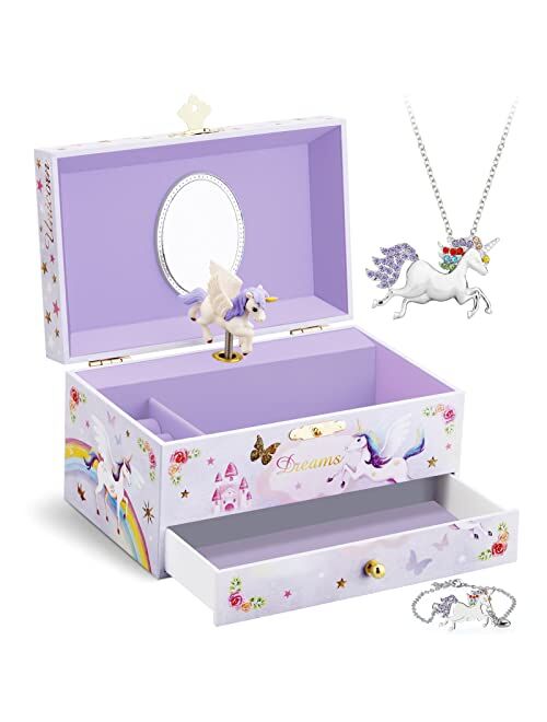 RR ROUND RICH DESIGN Kids Musical Jewelry Box with Big Drawer and zirconia stones Jewelry Set with Spinning Unicorn