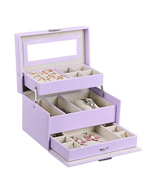 BEWISHOME Girls Jewelry Box Jewelry Organizer with Lock Mirror Jewelry Display Storage Case