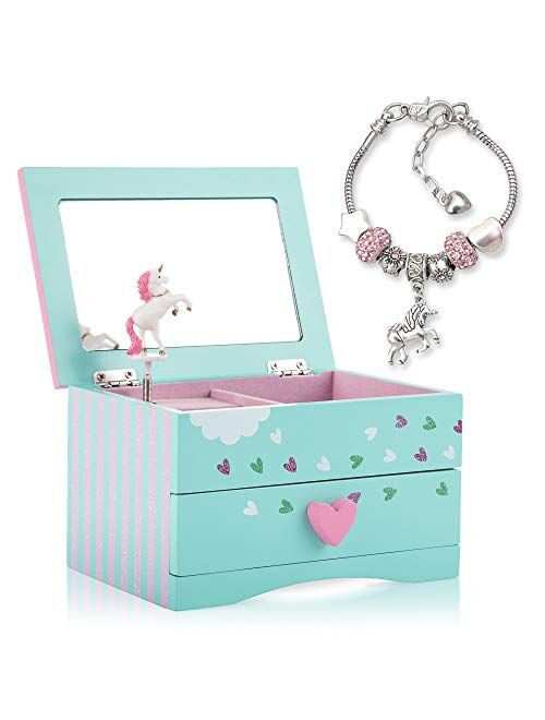 Amitie Lane Unicorn Jewelry Box for Girls - Two Unicorn Gifts for Girls Plus Augmented Reality App (STEM Toy) - Unicorn Music Box and Charm Bracelet