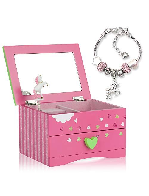 Amitie Lane Unicorn Jewelry Box for Girls - Two Unicorn Gifts for Girls Plus Augmented Reality App (STEM Toy) - Unicorn Music Box and Charm Bracelet