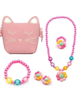 Hpwai Toddler Play Jewelry Set for Little Girls,Children Kids Dress Up Pink Purse Bracelet Neclace Ring Earrings