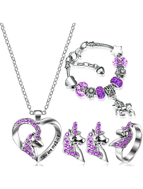 Yaomiao Unicorn Crystal Charm Necklace Bracelet Set Valentine's Day Girl Jewelry Set with Earrings and Ring Girls Jewelry Set for Girl Lady with Present Box