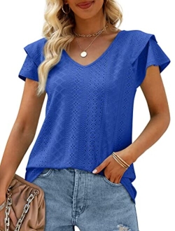 OFEEFAN Womens Summer Tops Ruffle Short Sleeve V Neck T-Shirts Casual Loose Fit