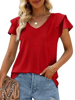 OFEEFAN Womens Summer Tops Ruffle Short Sleeve V Neck T-Shirts Casual Loose Fit