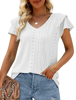 OFEEFAN Womens Summer Tops Ruffle Short Sleeve V Neck T-Shirts Casual Loose Fit