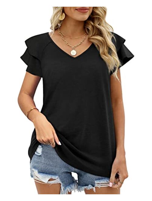 OFEEFAN Womens Summer Tops Ruffle Short Sleeve V Neck T-Shirts Casual Loose Fit