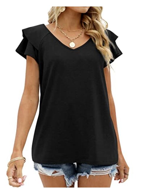 OFEEFAN Womens Summer Tops Ruffle Short Sleeve V Neck T-Shirts Casual Loose Fit