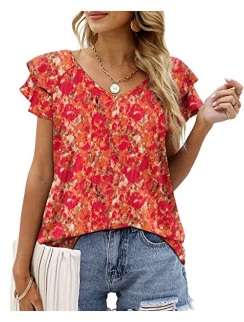 OFEEFAN Womens Summer Tops Ruffle Short Sleeve V Neck T-Shirts Casual Loose Fit