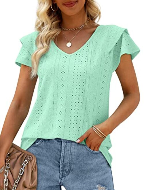 OFEEFAN Womens Summer Tops Ruffle Short Sleeve V Neck T-Shirts Casual Loose Fit