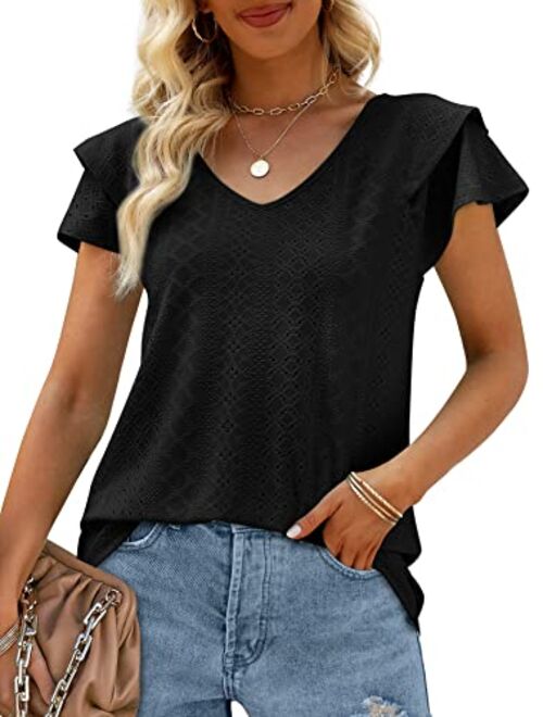 OFEEFAN Womens Summer Tops Ruffle Short Sleeve V Neck T-Shirts Casual Loose Fit