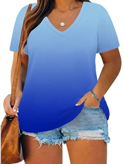 ROSRISS Plus Size Tops for Women Casual Summer T Shirts V Neck Short Sleeve Tunics