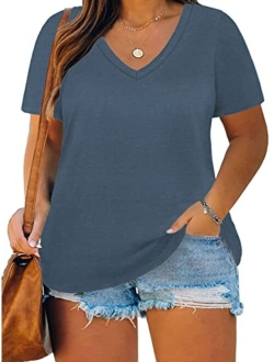 ROSRISS Plus Size Tops for Women Casual Summer T Shirts V Neck Short Sleeve Tunics