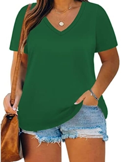 ROSRISS Plus Size Tops for Women Casual Summer T Shirts V Neck Short Sleeve Tunics