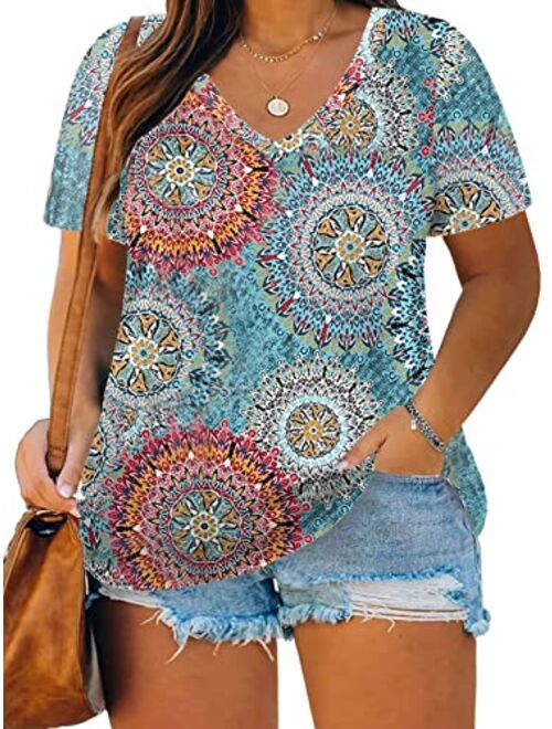 ROSRISS Plus Size Tops for Women Casual Summer T Shirts V Neck Short Sleeve Tunics