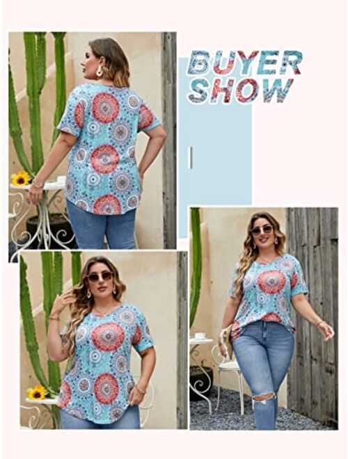 ROSRISS Plus Size Tops for Women Casual Summer T Shirts V Neck Short Sleeve Tunics