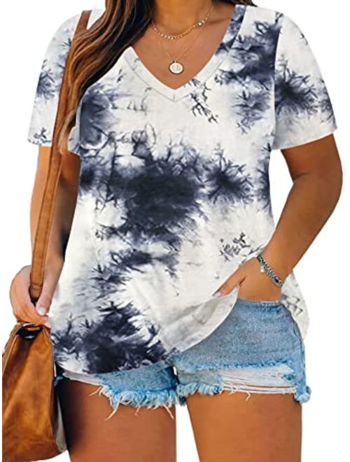 ROSRISS Plus Size Tops for Women Casual Summer T Shirts V Neck Short Sleeve Tunics