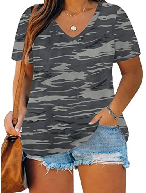 ROSRISS Plus Size Tops for Women Casual Summer T Shirts V Neck Short Sleeve Tunics