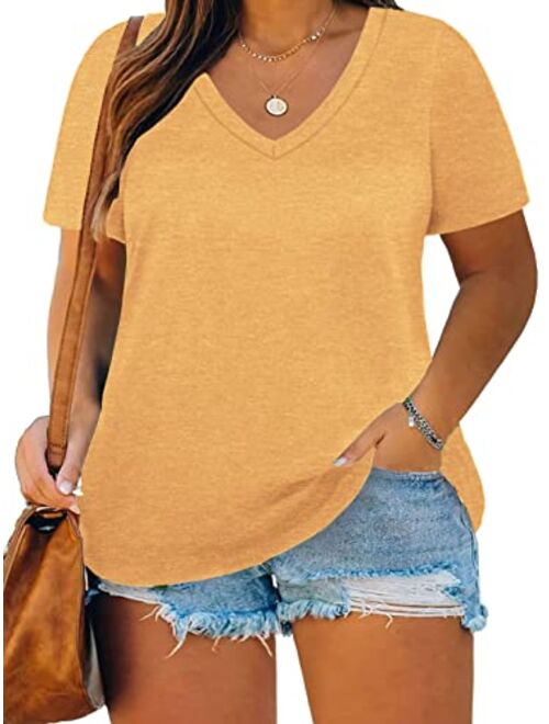 ROSRISS Plus Size Tops for Women Casual Summer T Shirts V Neck Short Sleeve Tunics