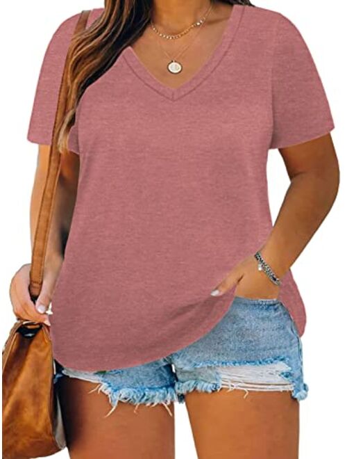 ROSRISS Plus Size Tops for Women Casual Summer T Shirts V Neck Short Sleeve Tunics