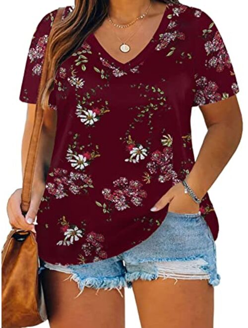 ROSRISS Plus Size Tops for Women Casual Summer T Shirts V Neck Short Sleeve Tunics