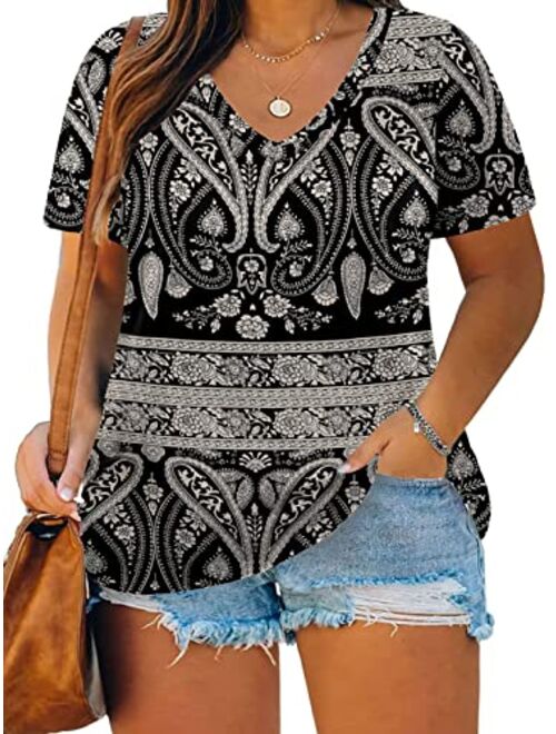 ROSRISS Plus Size Tops for Women Casual Summer T Shirts V Neck Short Sleeve Tunics