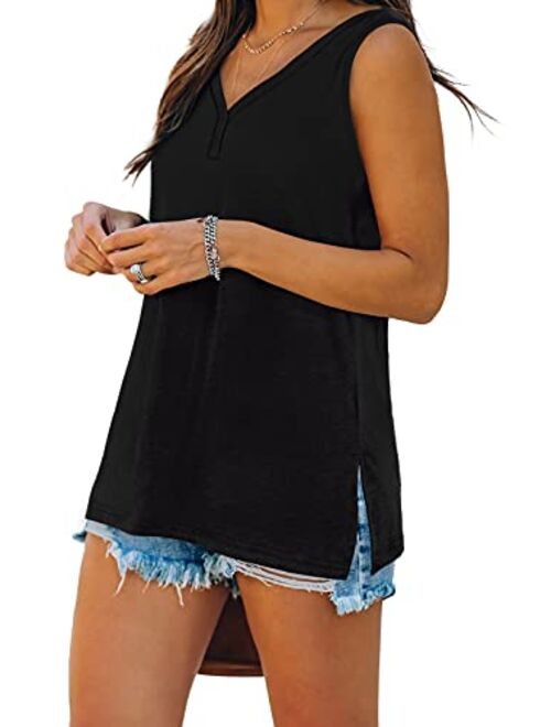 WEESO Womens Tank Tops Summer V Neck Sleeveless Shirts Button Up Loose Fit