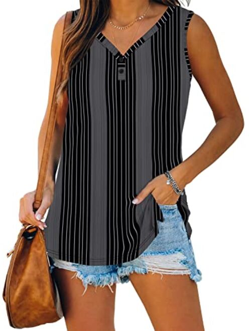 WEESO Womens Tank Tops Summer V Neck Sleeveless Shirts Button Up Loose Fit