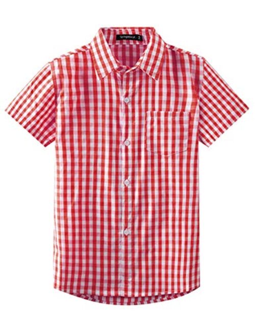 Spring&Gege Boys' Shrot Sleeve Plaid Poplin Button Down Shirt