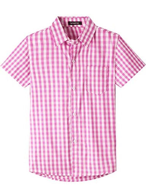 Spring&Gege Boys' Shrot Sleeve Plaid Poplin Button Down Shirt