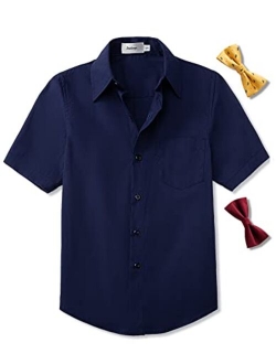 Aimehonpe Boys Button Down Dress Shirt Short Sleeve Bow Tie Set Cotton Solid Uniform