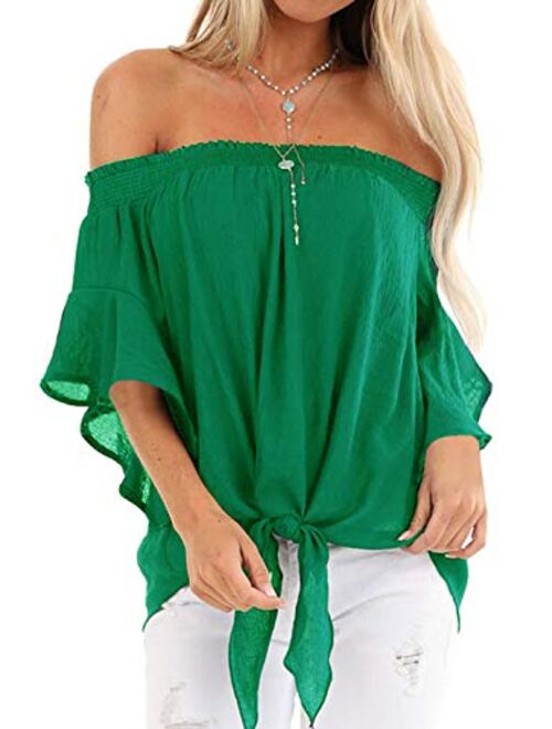 LEIYEE Womens Black Off The Shoulder Tops Summer Short Sleeve Tie Knot T Shirts Blouses